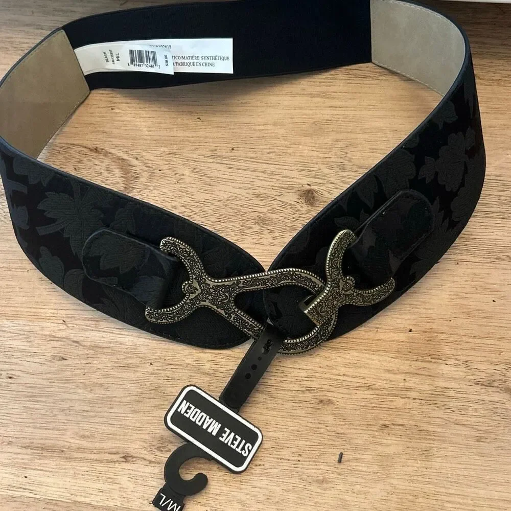 NWT Steve Madden Black brocade stretch belts with gold clasp size M/L